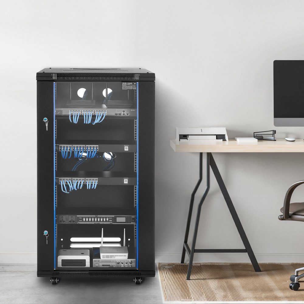 22U-Netzwerkschrank, 600 mm Tiefe, 136 kg maximale Tragfähigkeit, Serverschrank-Rack-Gehäuse mit abschließbarer Tür aus gehärtetem Glas, Seitenwände, Server-Rack für IT-Geräte, A/V-Geräte