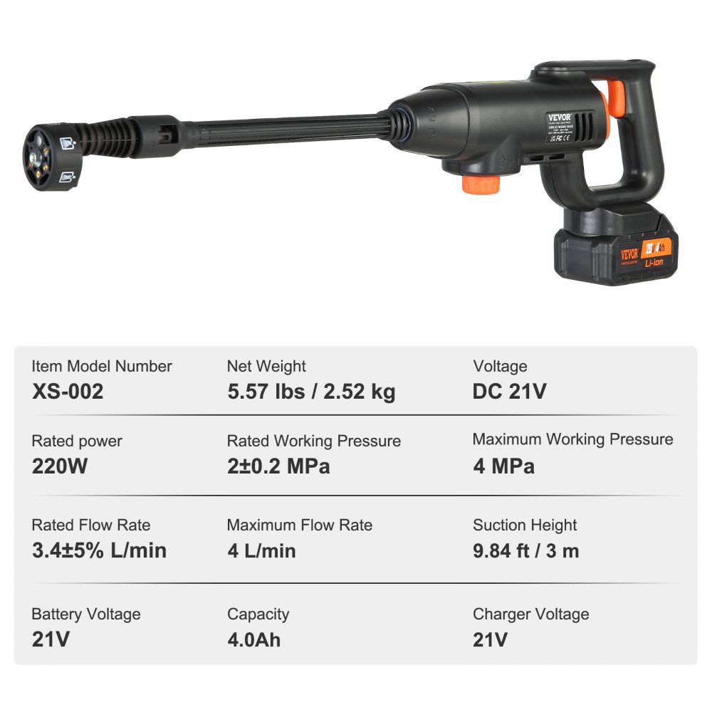 Akku-Hochdruckreiniger, kabelloser Wasser-Hochdruckreiniger, Spritzpistole, Hochdruckreiniger-Pistole (220W 21V, 40bar, für mobile Reinigung und Bewässerung, 4L/min, inkl. Zubehör, Ladegerät)