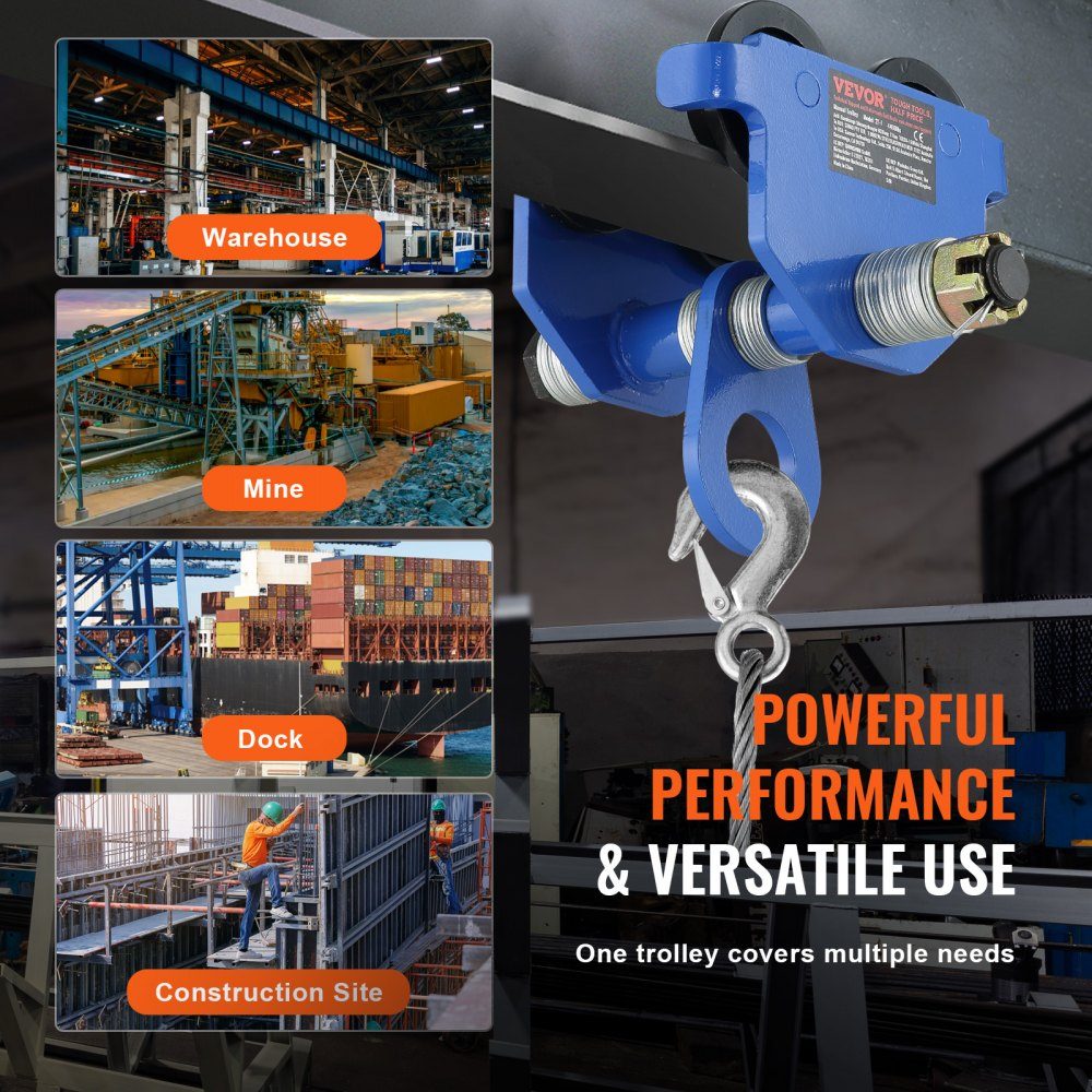 Trolley, 1000 kg load capacity, trolley with double wheels, adjustable for I-beam flange width 63.5 to 177.8 mm. Heavy duty alloy steel garage hoist for straight curved I-beams
