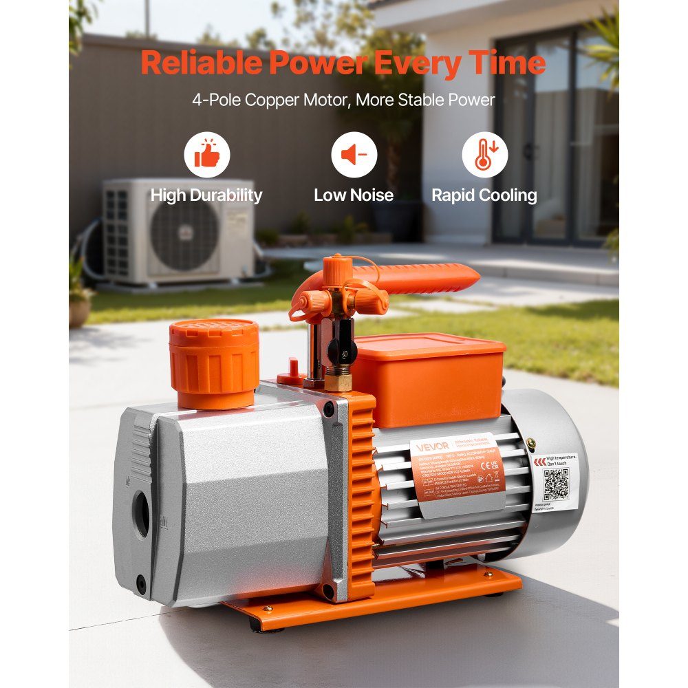 Vacuümpomp 7 CFM 198L/min, 2-traps, 550W, geschikt voor R134a, R22, R410a, R1234YF en R32, 4-polige motor, voor onderhoud van auto-airconditioning en harsontgassing, inclusief olie