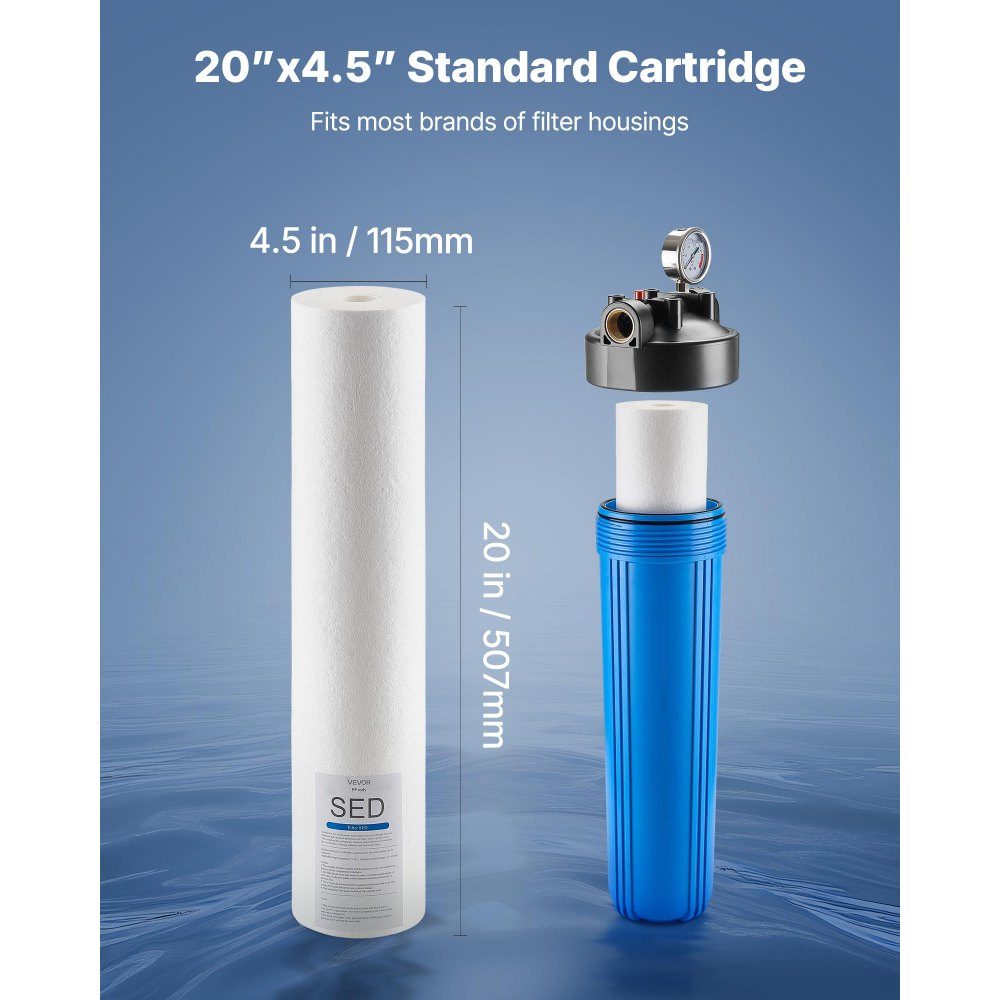 2-pack vervangingscartridge voor waterfilters voor het hele huis, 115x507 mm polypropyleen sedimentfilter voor 3-traps waterfiltersysteem, vermindert chloor, slechte smaak en geur