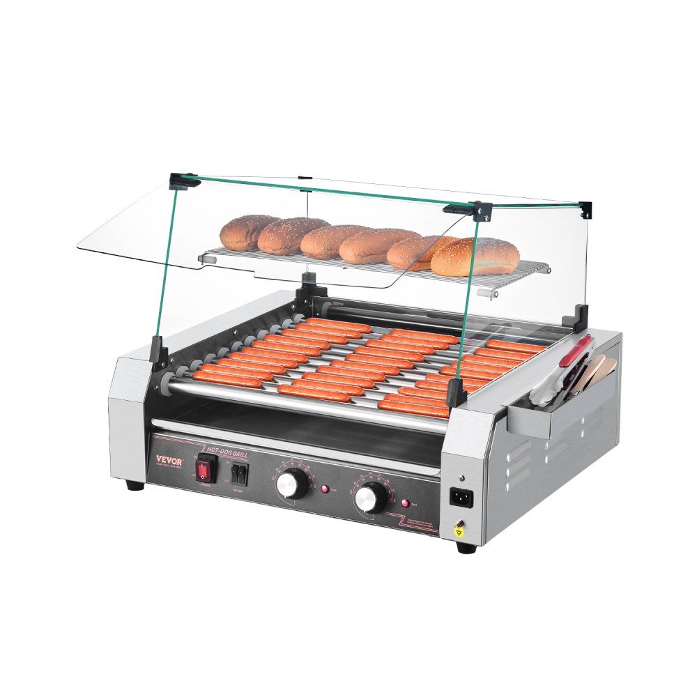 Hot Dog Grillmaschine Hot Dogs 11 Rollen aus Edelstahl, 2200 W, elektrischer Grill mit Abdeckung & 2 Temperaturreglern & seitlicher Aufbewahrungsbox & abnehmbarer Ablage & Ölauffangschale