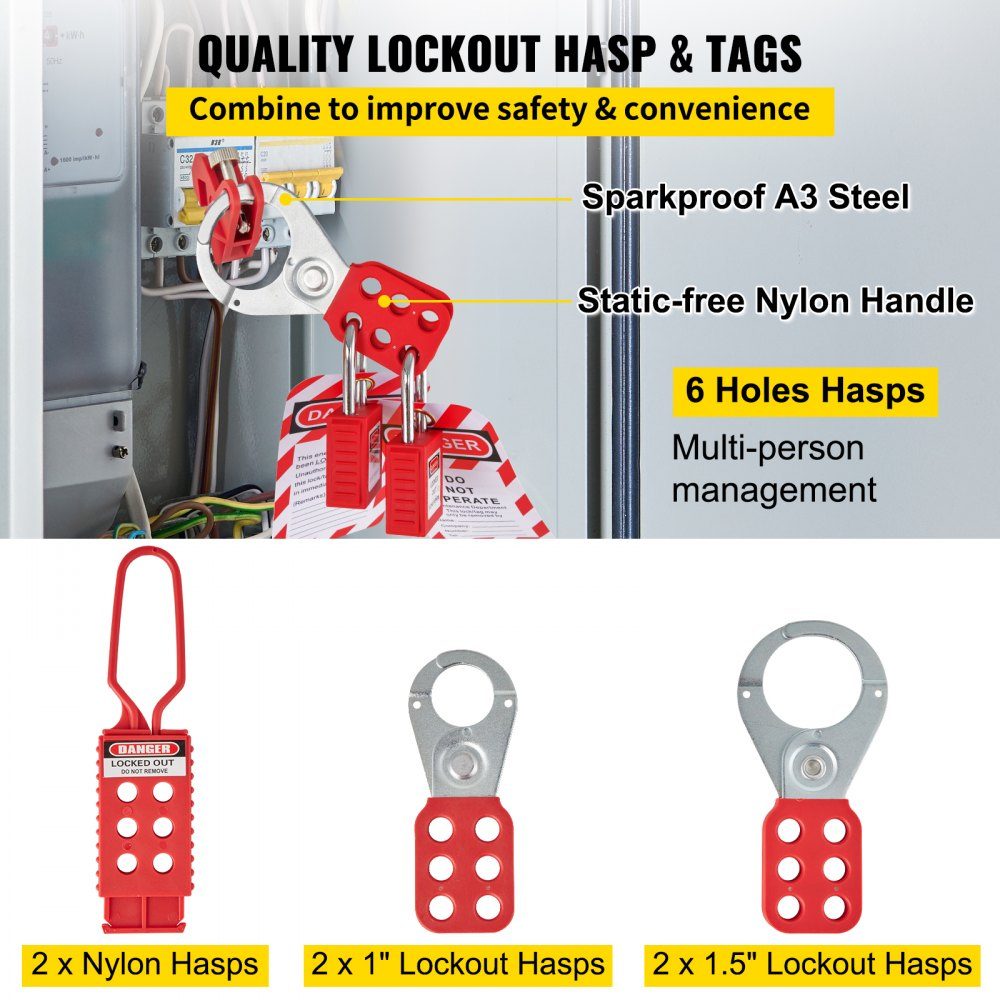 Kits de verrouillage de 42 pièces, kit Loto de sécurité électrique, comprend des cadenas, 5 types de verrouillage, des moraillons, des étiquettes et des attaches de câble, une boîte, des outils de sécurité de verrouillage pour éliminer les risques électri