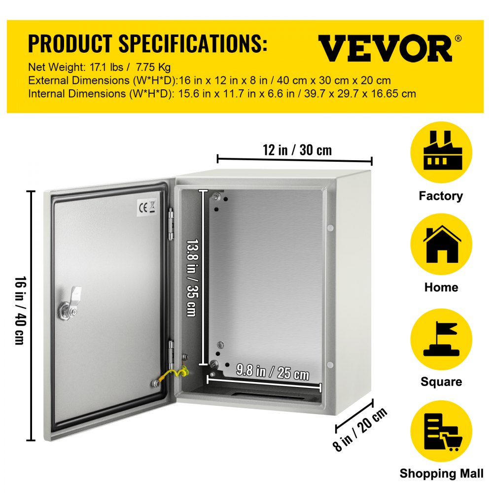 Armoire de commande Boîtier industriel NEMA, boîtier de commande en acier NEMA 4X 40 x 30 x 20 cm, IP66 étanche à l'eau et à la poussière, boîte de jonction électrique extérieure/intérieure, avec plaque de montage Armoire de commande Boîtier industriel NEMA, boîtier de commande en acier NEMA 4X 40 x 30 x 20 cm, IP66 étanche à l'eau et à la poussière, boîte de jonction électrique extérieure/intérieure, avec plaque de montage