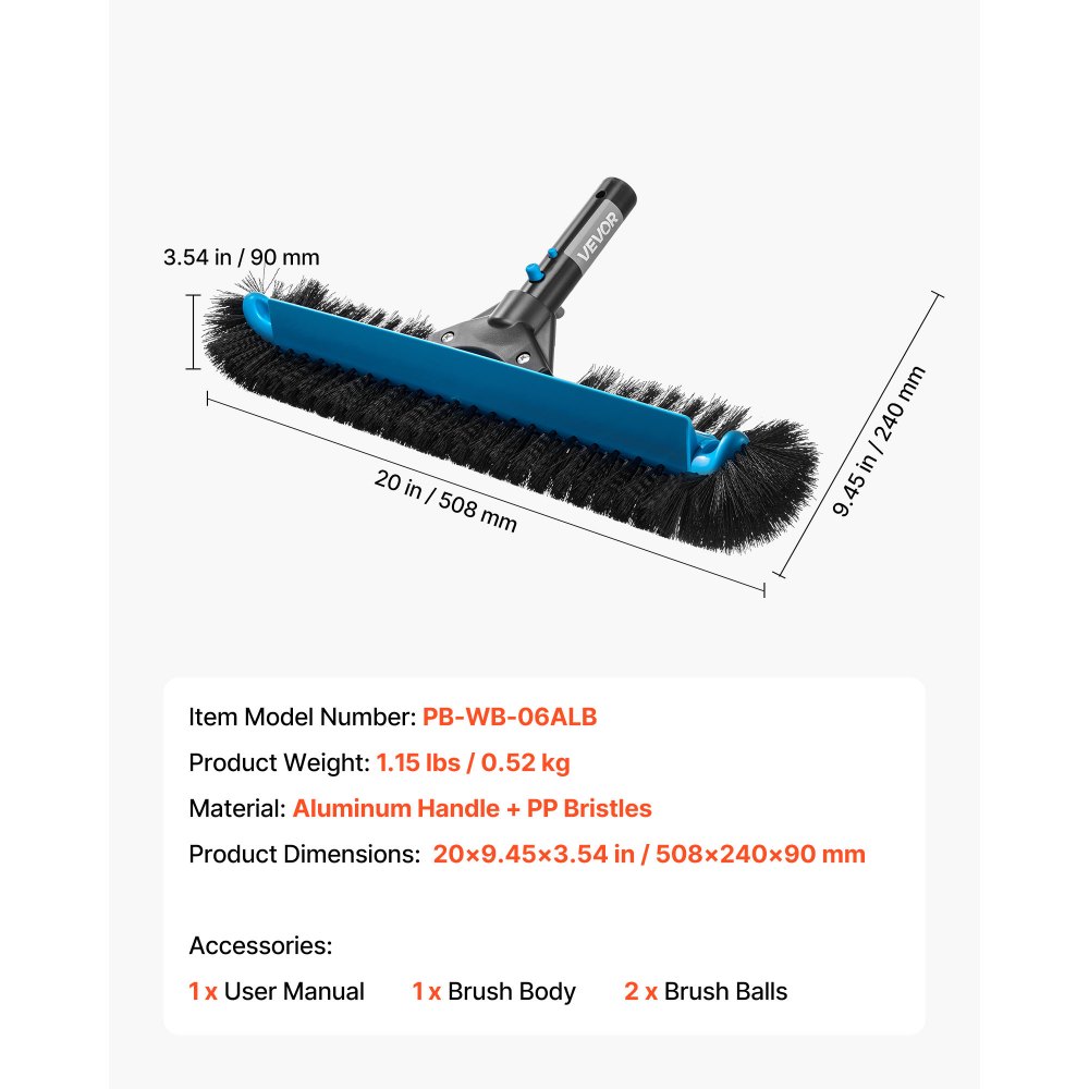 Tête de brosse de piscine, brosses à récurer (508 mm) avec poils en nylon et connecteur de tige en aluminium, tête de brosse pour nettoyer les murs de piscine creusée/hors sol (sans tige) Tête de brosse de piscine, brosses à récurer (508 mm) avec poils en nylon et connecteur de tige en aluminium, tête de brosse pour nettoyer les murs de piscine creusée/hors sol (sans tige)