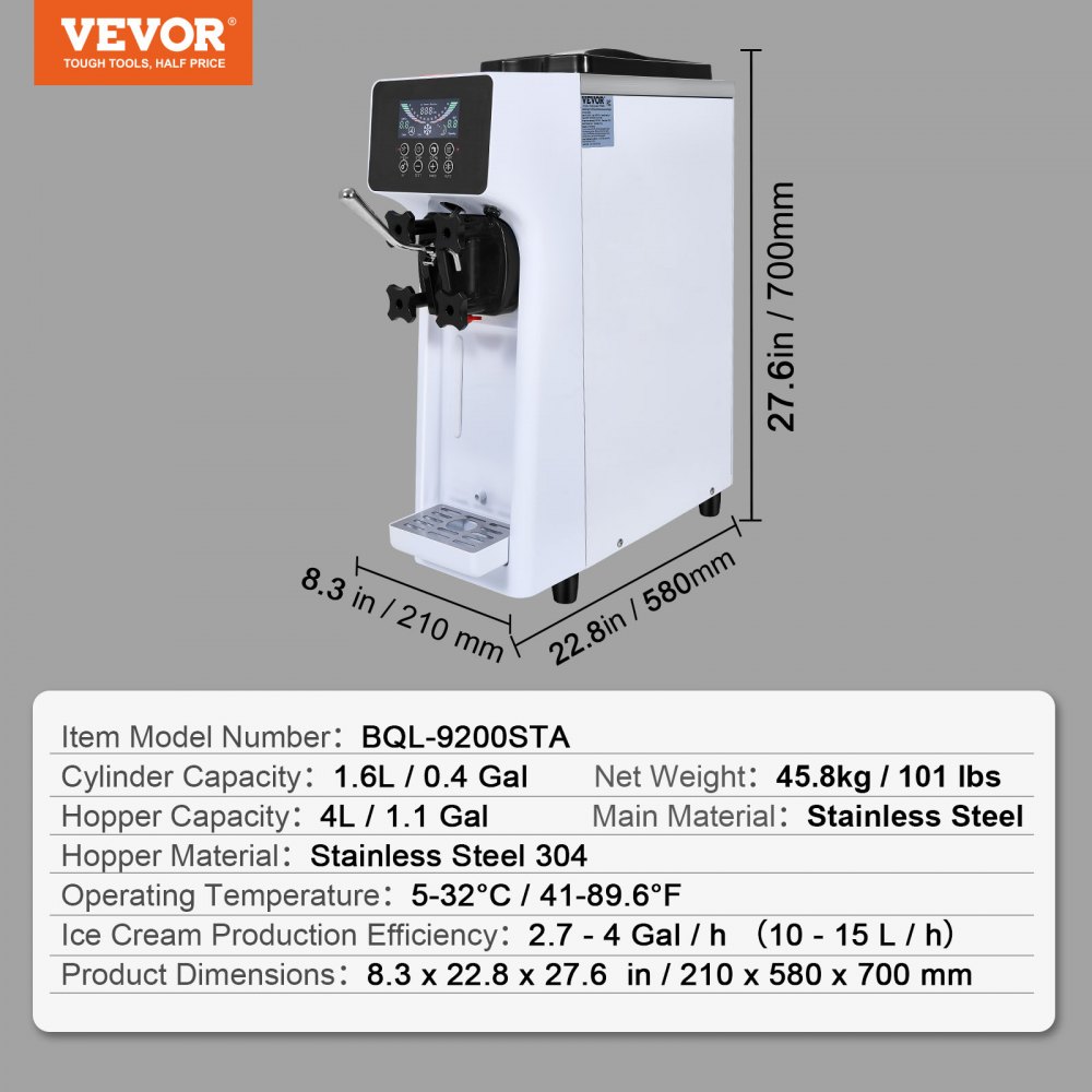 Commercial Ice Cream Machine, 10L/H Output, 900W, Single Flavor Soft Ice Cream Machine, Countertop, with 4L Hopper, 1.6L Cylinder, LCD Screen, Pre-Cooling Commercial Ice Cream Machine, 10L/H Output, 900W, Single Flavor Soft Ice Cream Machine, Countertop, with 4L Hopper, 1.6L Cylinder, LCD Screen, Pre-Cooling