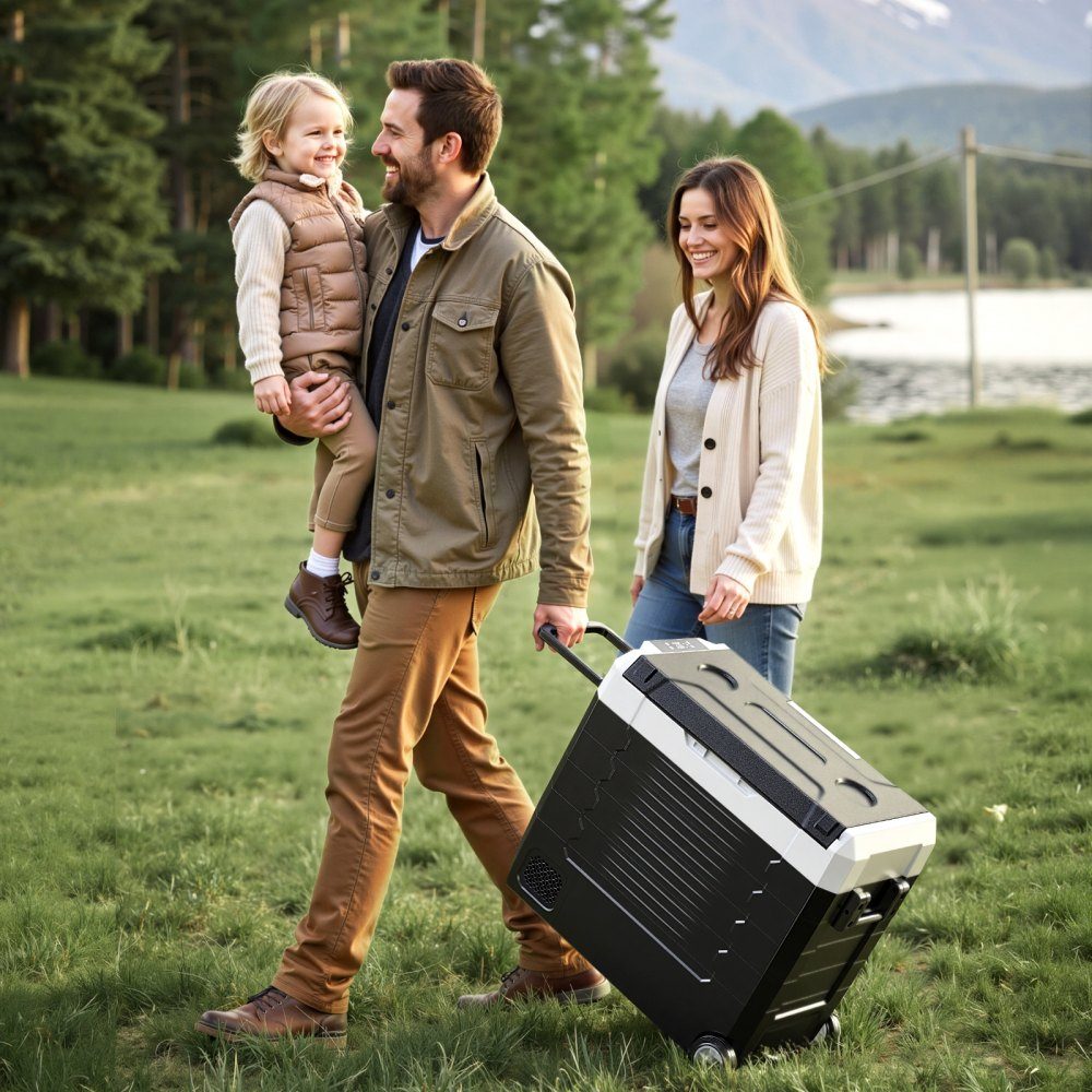 Kompressor-Kühlbox 12/24 V DC 100–240 V AC, Auto-Kühlschrank 55 l mit App-Steuerung & Rädern & 2 Temperaturzonen (-20 °C bis 20 °C), tragbarer Kühlschrank für Wohnmobile, Boote, Camping, Angeln