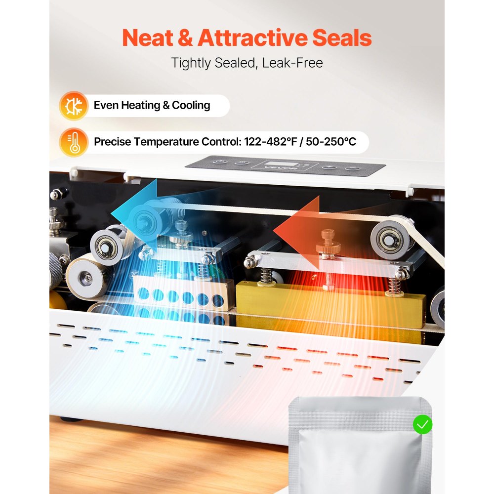 Sealing machine, 8-12mm sealing width, automatic continuous belt welder with digital temperature control, automatic switch-off, heat sealer for 0.06-0.2mm plastic bags Sealing machine, 8-12mm sealing width, automatic continuous belt welder with digital temperature control, automatic switch-off, heat sealer for 0.06-0.2mm plastic bags