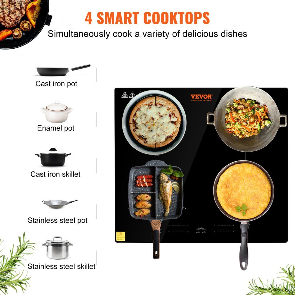 Induction hob induction hob 6800 W, 4 plates induction hob touchscreen 9 heating levels, integrated induction hob, automatic switch-off and child lock
