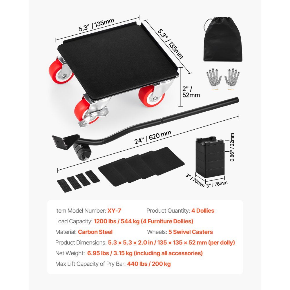 Furniture Trolley Max Load 544kg Heavy Duty Furniture Transporter with 5 x 360° Rotating Wheels Furniture Roll Furniture Lifting Pushing Tool Set for Household Appliances Sofa Refrigerator Washing Machine