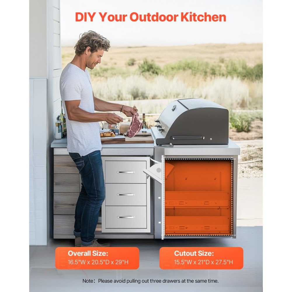 Outdoor Kitchen Drawers, Triple Access Stainless Steel Drawer Cabinet, Grill Island Drawer Storage with Paper Towel Holder and Handle, for Grill Station