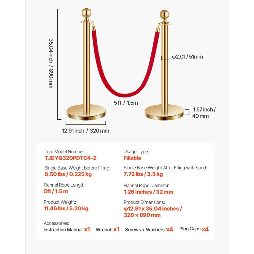 Afzetpalen (4 stuks) voor crowd control met 2 rood fluwelen touwen (1,5 m lang), RVS slagboomstandaard met hervulbare voet voor tentoonstellingen Golden