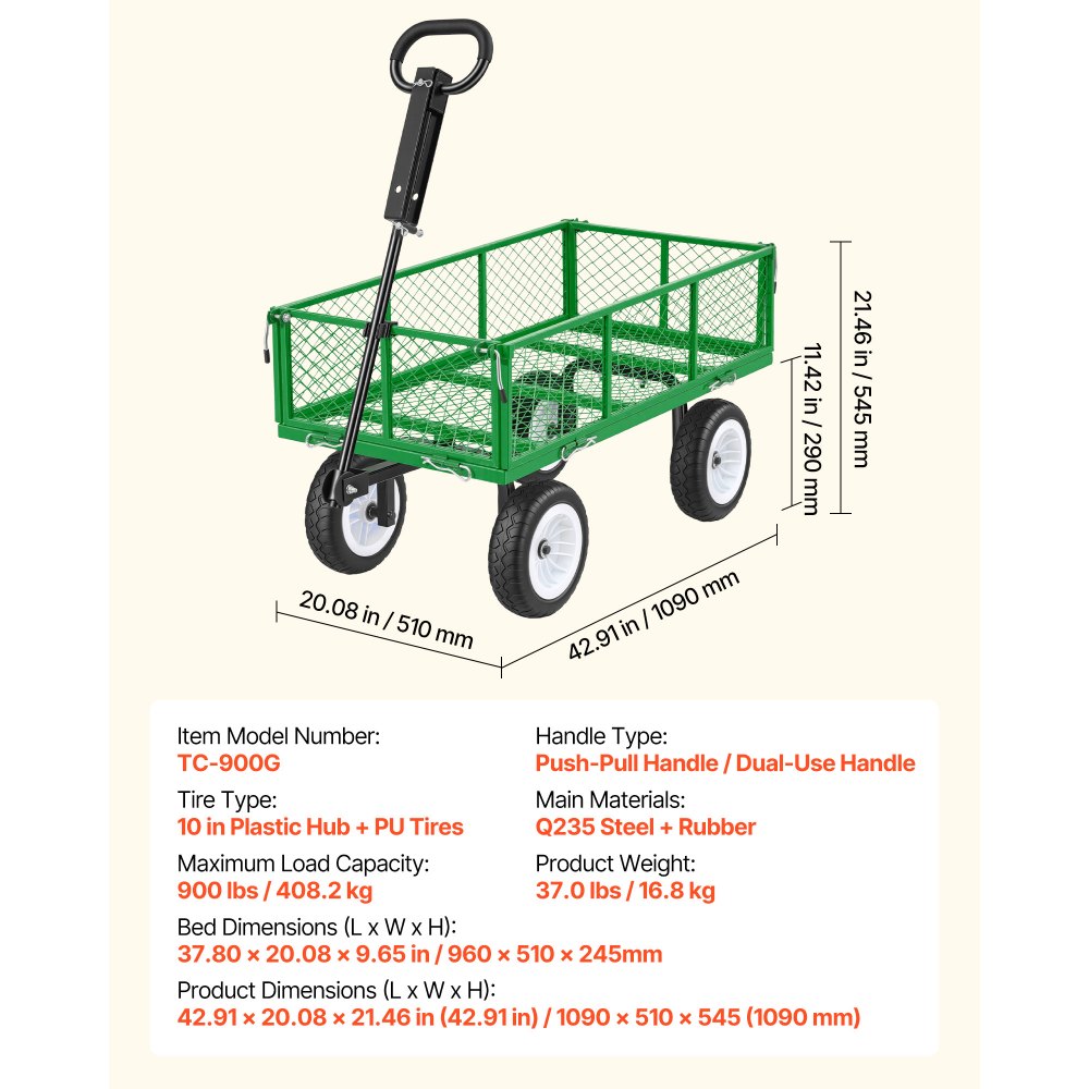 Bollerwagen 408,2 kg Tragkraft, Gartenwagen mit PU-Bereifung, Transportwagen aus Stahl mit verstellbarem Griff, abnehmbare Seitenwände, Gerätewagen zur Befestigung an ATV oder Traktor, grün Bollerwagen 408,2 kg Tragkraft, Gartenwagen mit PU-Bereifung, Transportwagen aus Stahl mit verstellbarem Griff, abnehmbare Seitenwände, Gerätewagen zur Befestigung an ATV oder Traktor, grün