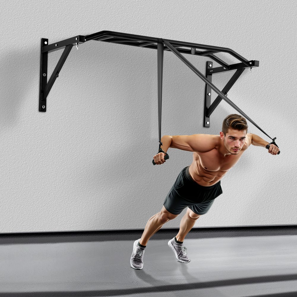 Aan de muur gemonteerde optrekstang, 50" brede multifunctionele stalen trainingsstangen voor het bovenlichaam met hangers, optrektrainingsstation (draagvermogen van 200 kg), sportschool Aan de muur gemonteerde optrekstang, 50" brede multifunctionele stalen trainingsstangen voor het bovenlichaam met hangers, optrektrainingsstation (draagvermogen van 200 kg), sportschool