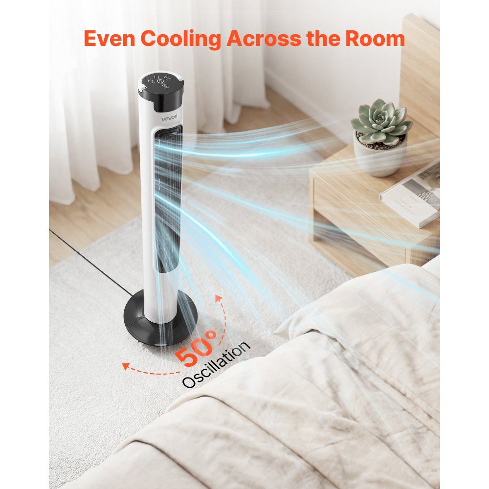 50W Tower Fan, 985mm Column Fan with 3 Speeds, 3 Modes, 7.5 Hour Timer, Max 4.2m/s, 50° Oscillating Fan with Remote Control, Quiet Pedestal Fan for Bedroom, White