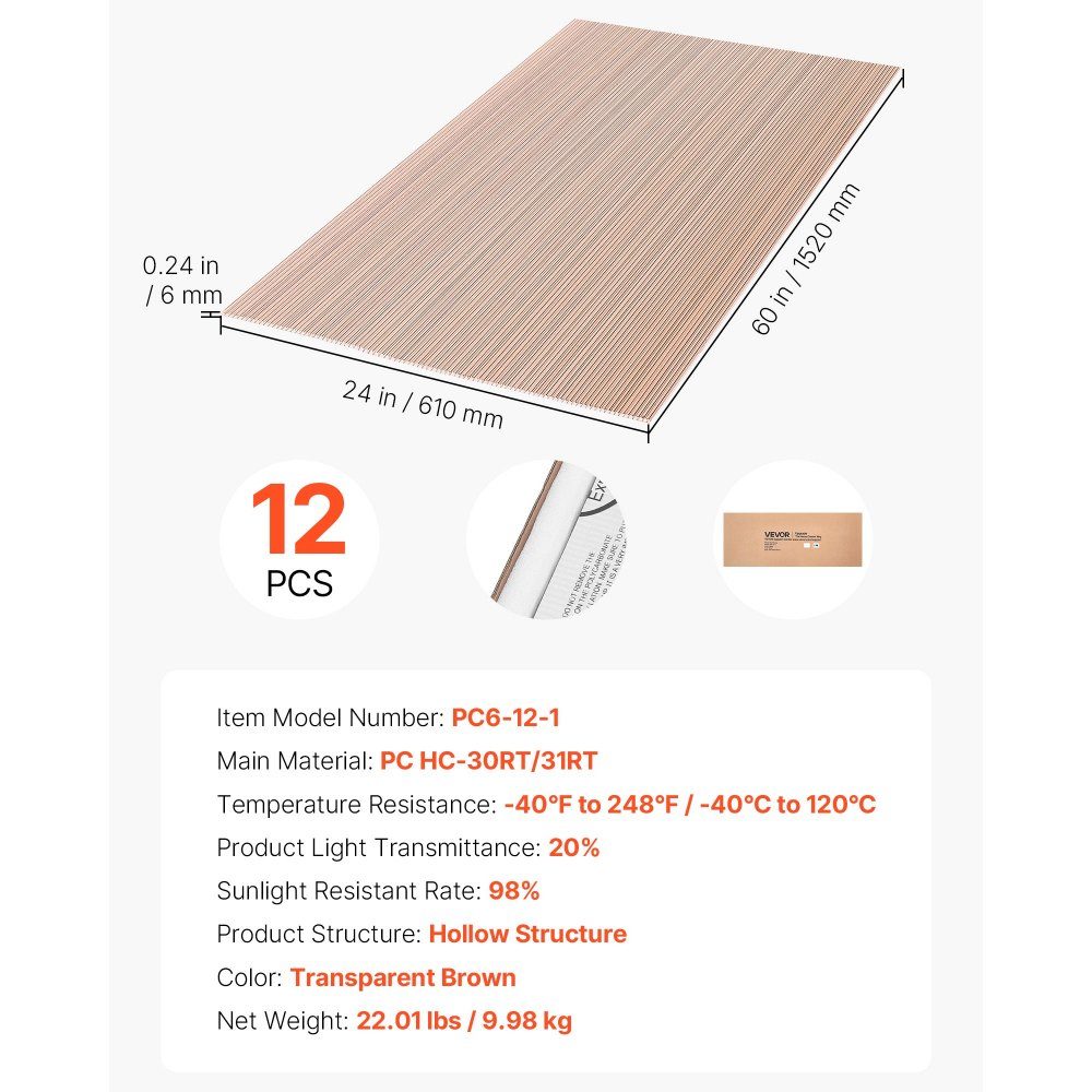 12x panele dwuścienne 6mm, 152x61cm Panele komorowe z możliwością przycięcia na wymiar, panele poliwęglanowe odporne na promieniowanie UV, panele szklarniowe odporne na warunki atmosferyczne, panele zamienne do szklarni, ramy chłodnicze, wiaty samochodowe