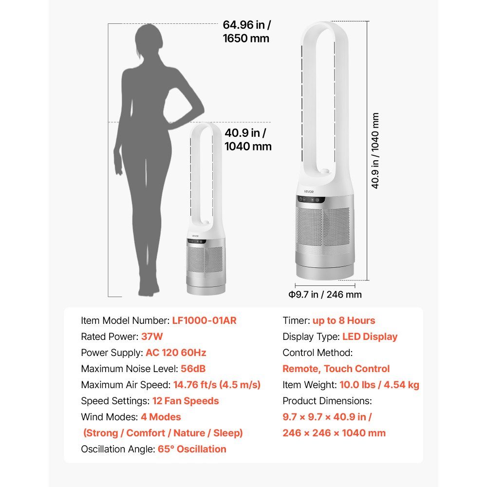 Tower Fan without Blades, 104cm Column Fan with 12 Speeds Max 4.5m/s, 4 Modes, 8 Hour Timer, 65° Oscillating Pedestal Fan with Remote Control for Bedroom, Office, White