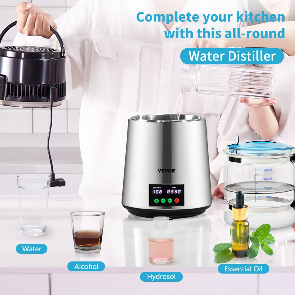 Water Distiller 1L/H Household Silver Water Distiller Make Distilled Water 750W, Double Screen Stainless Steel Distiller System with Glass Jug Distill Pure Water