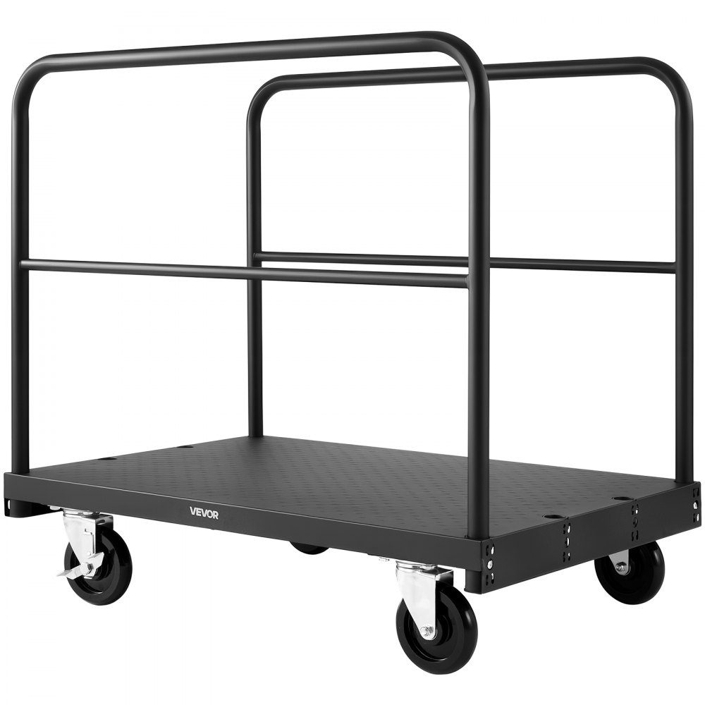Plattenwagen, 816 kg Tragkraft, 2-in-1 Rollwagen mit 360° Lenkrollen, 914x610 mm Plattformwagen mit 3 seitlichen Handläufen, Transporthilfe für Fabrik, Lager, Garage, Schwarz