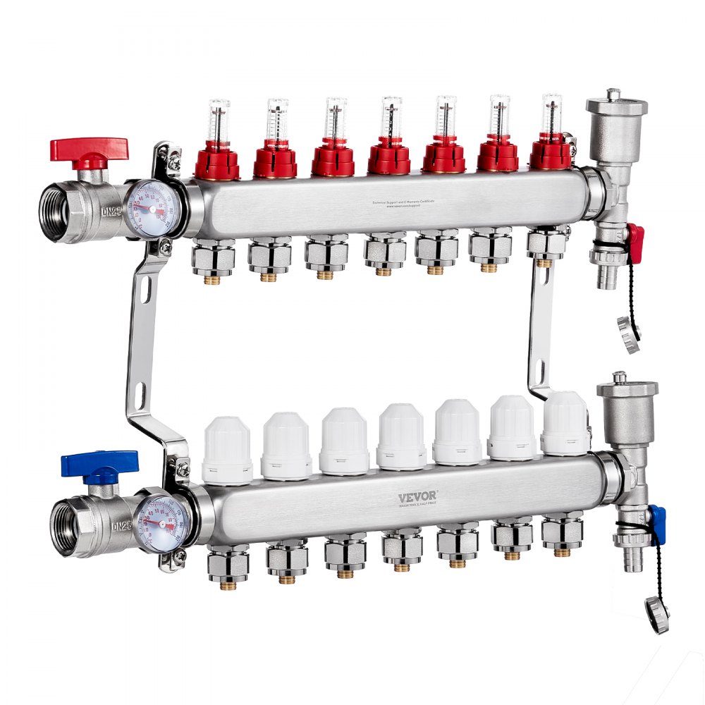 7 Branch Heat Distribution Manifold, 1/2" PEX Pipe Manifold, Stainless Steel PEX Manifold for Hydronic Underfloor Heating, Heat Distribution PEX Manifold Kit with 1/2" Adapters Included