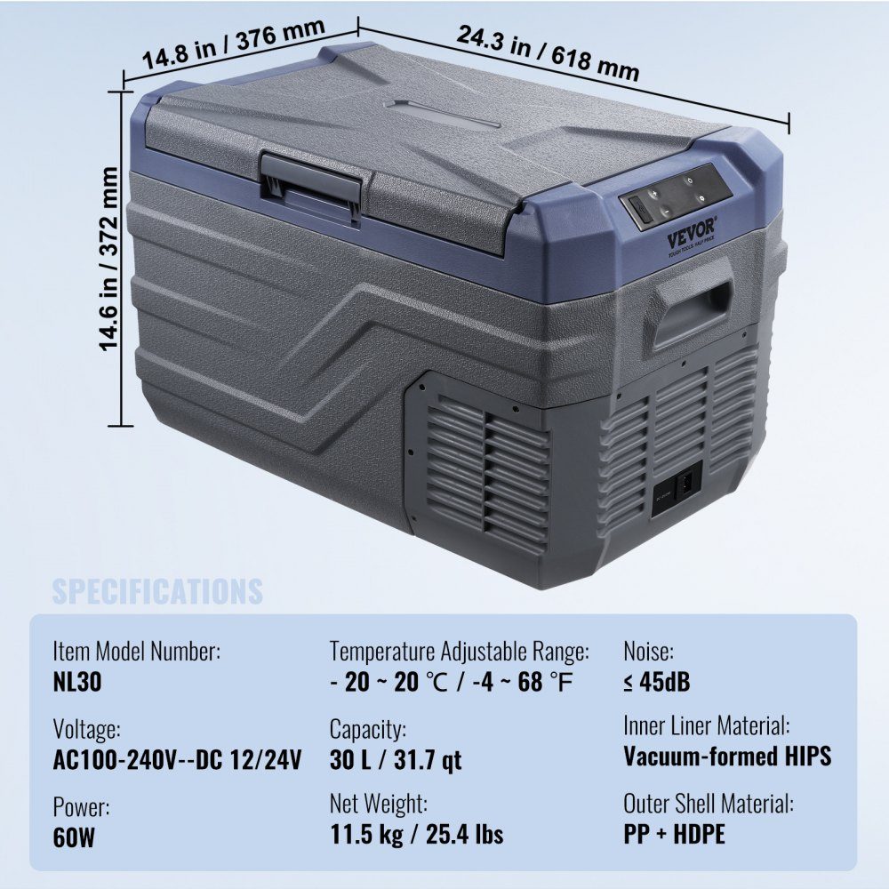 Car Fridge, 12V Car Fridge, Portable 30L Single Zone Freezer with Built-in Lighting, -20°C to 20°C, 12/24V DC and 100-240V AC Compressor Cooler for Outdoor, Camping, RV