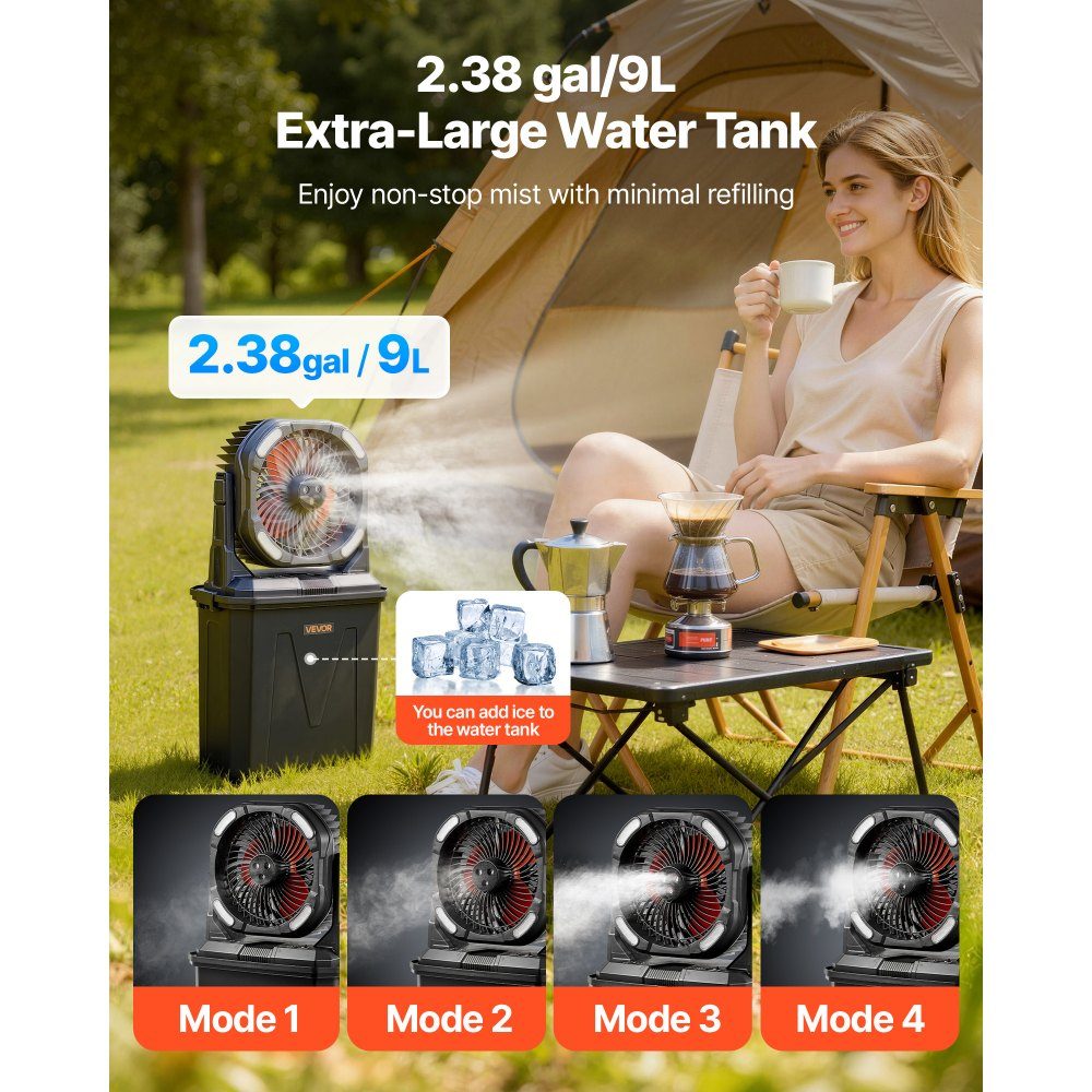 Ventilateur de camping, moteur 2700 tr/min, ventilateur brumisateur avec réservoir d'eau de 9 L, batterie 10 000 mAh, 4 niveaux de vent et 5 modes d'éclairage, ventilateur sur pied portable pour le camping, la pêche et les voyages – Réf. HT-24327