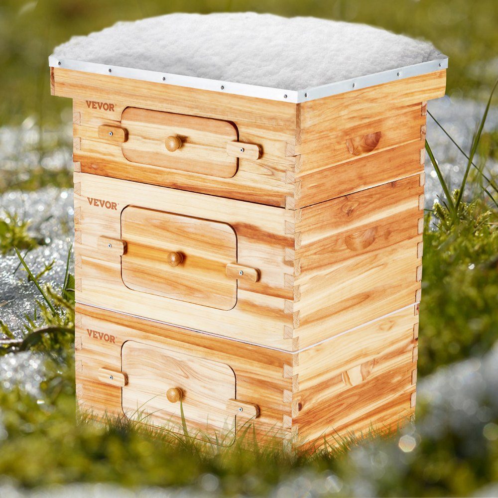 Beehive, Zander Beehive for 30 Frames, Beeswax Coated Wood, 2 Deep + 1 Medium Bee Box, Langstroth Beehive Set, Clear Acrylic Windows with Foundations
