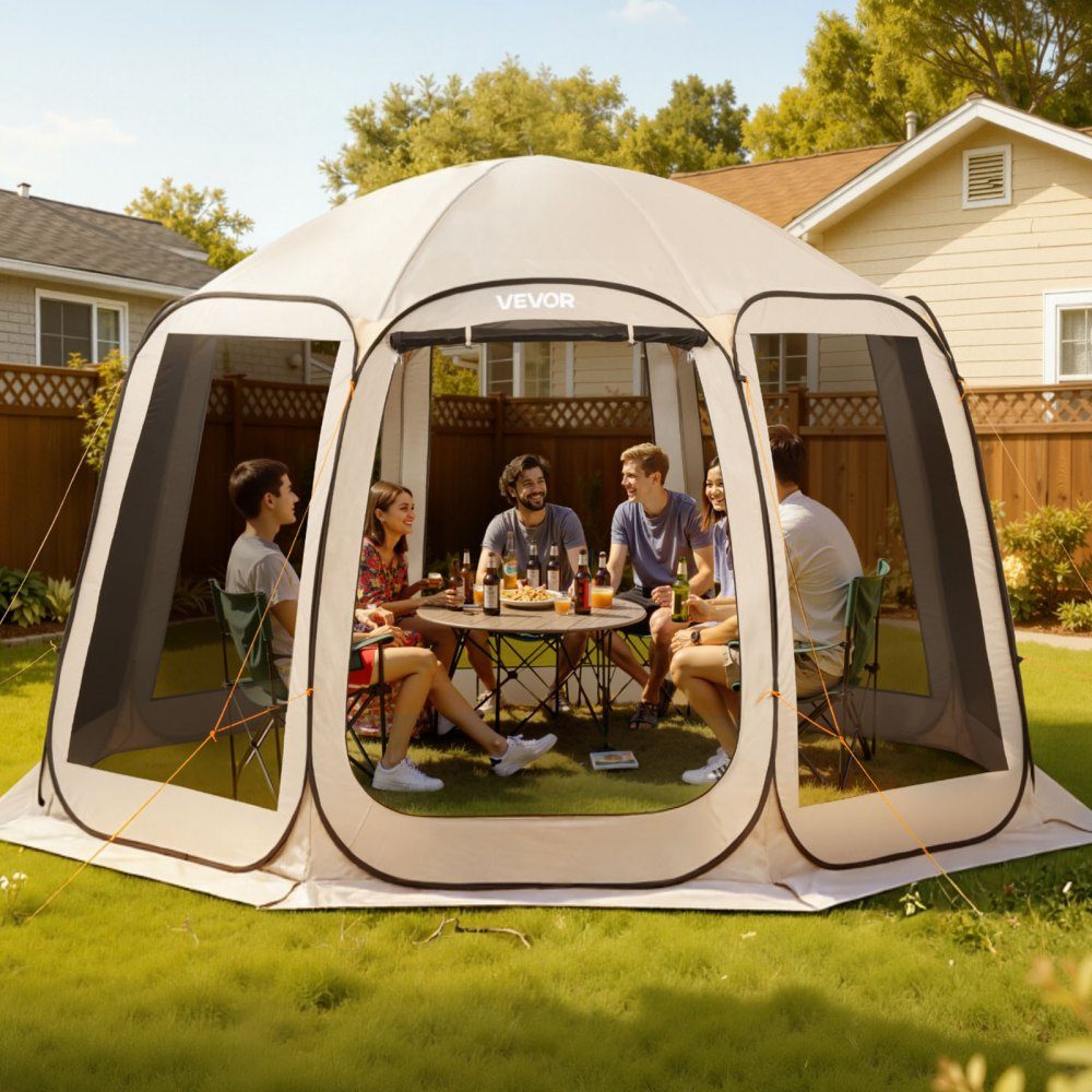 Pop Up Tent 144" x 134" Portable Camping Tent for 10-12 People with Net, Carry Bag, Side Walls and Pegs for Garden, Patio and Outdoor Activities, Beige