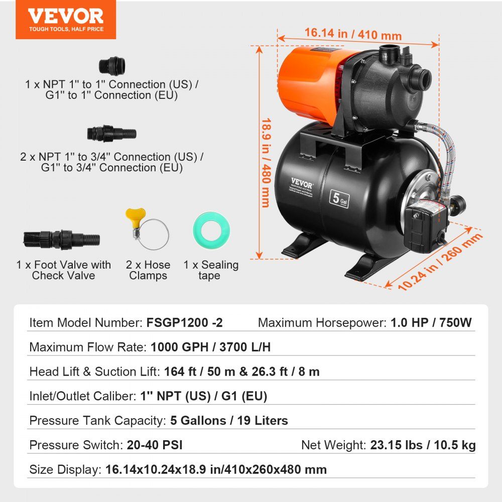 750 W Gartenpumpe, 3700 l/h automatische Bewässerungspumpe mit 50 m Förderhöhe, Kreiselpumpe mit 20/40 PSI Druckschalter, Flachbrunnenpumpe, thermoplastischer Pumpenkopf für Hausgarten und Rasen