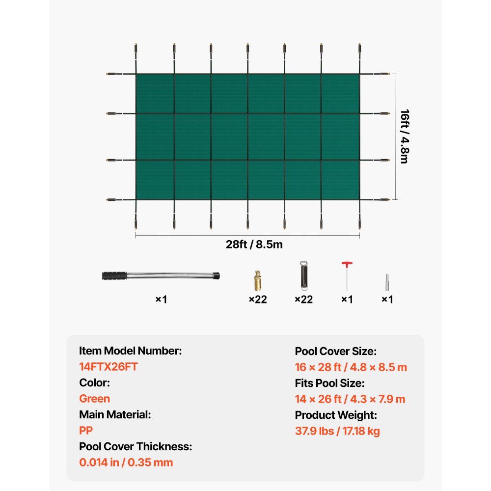Pool Tarpaulin Suitable for Rectangular Inground Pools (4.3m x 7.9m) Winter Tarpaulin with Drainage Holes Opaque Mesh Cover for Swimming Pools Safety Cover Green