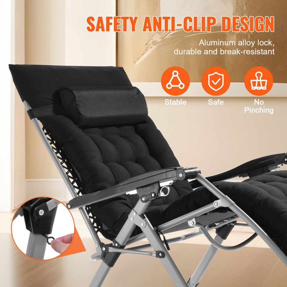 Zero Gravity Chair, 33" Indoor Outdoor Zero Gravity Recliner Chair, Adjustable Anti-Gravity Chair with Pillow, Headrest, Footrest and Cup Holder, 500 Pounds, Black