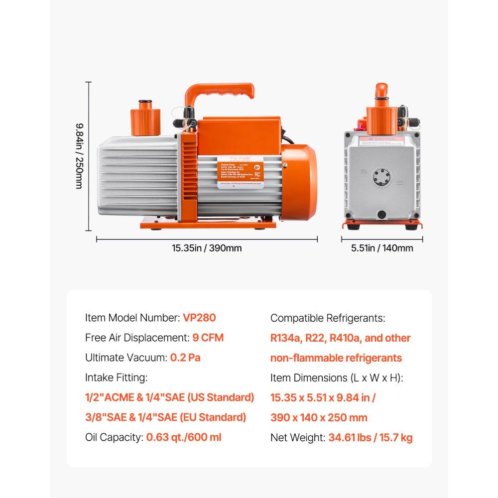 Vacuümpomp 9 CFM HVAC 2-traps draaischuifvacuümpomp voor R134a R22 R410a-systemen Auto AC-vacuümpompset met harsontgassing oliefles voor auto-airconditioneronderhoud