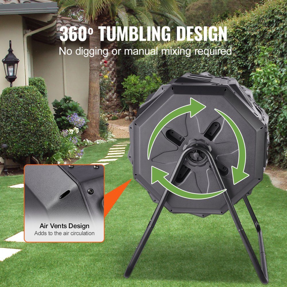 Trommelcomposter, composttrommel 162,7 L, trommelcomposter roterende dubbelkamer-trommelcomposter 735 x 625 x 955 mm, 50 kg zware tuincomposter incl. handschoenen