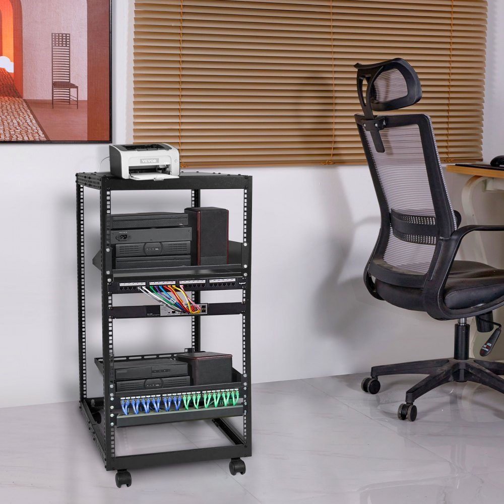 20U open frame server rack, freestanding or wall mounted network server rack, 4 post AV rack with wheels, can accommodate all your network IT equipment and AV equipment