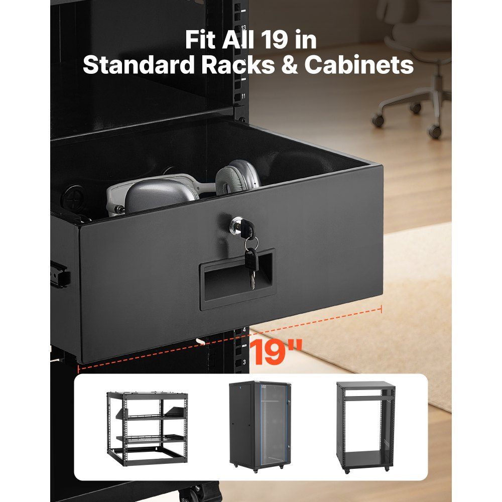 4U-Rack-Schublade, 50 Pfund, abschließbares Serverschrankgehäuse, Schiebeschublade mit Schloss und Kabelführungslöchern für 482-mm-Netzwerkschrank, AV-Rack oder Schrankgehäuse