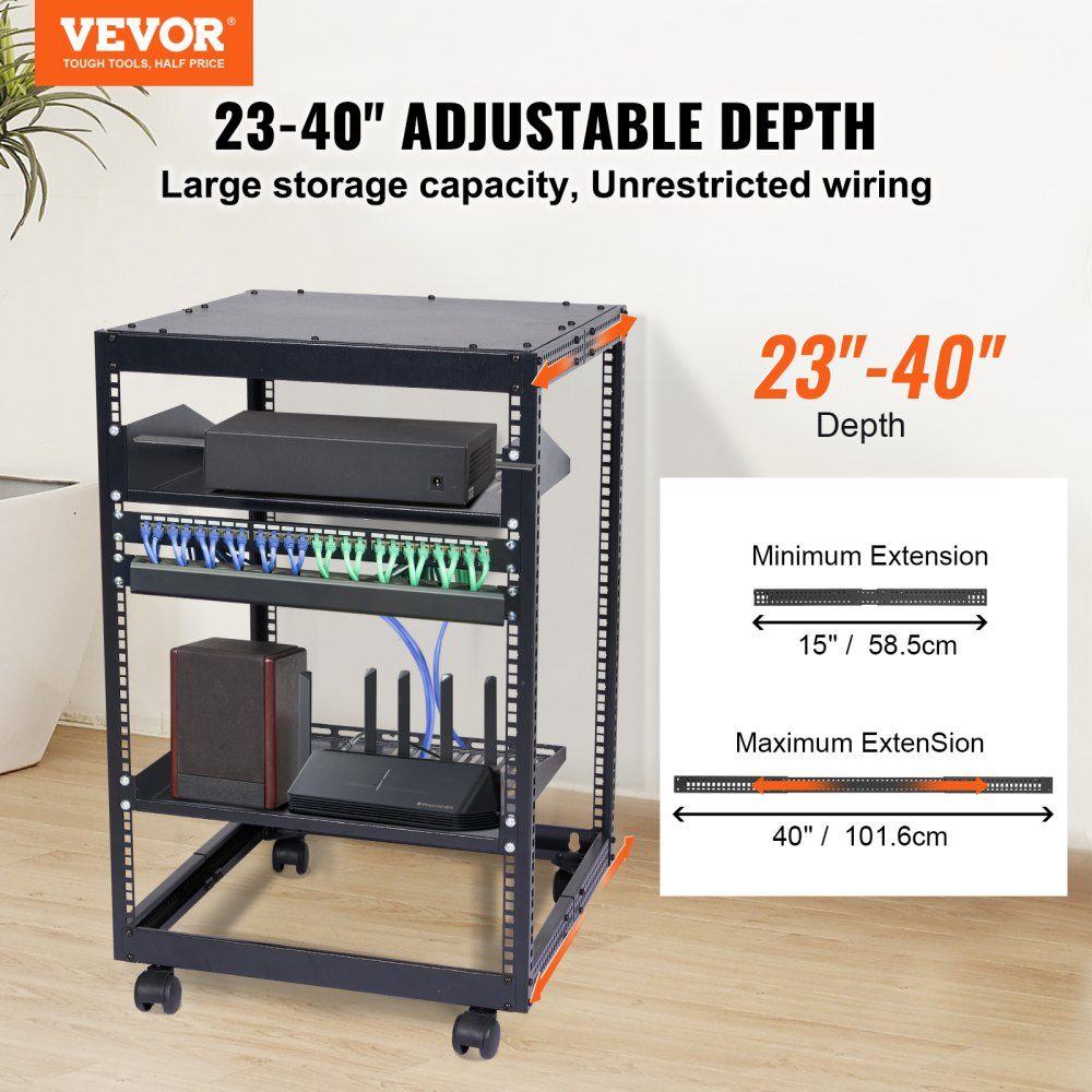 15U-Server-Rack mit offenem Rahmen, 15''-40'' verstellbare Tiefe, freistehender oder an der Wand montierter Netzwerk-Server-Rack, 4-Pfosten-AV-Rack mit Rädern, bietet Platz für Ihre gesamte Netzwerk-IT