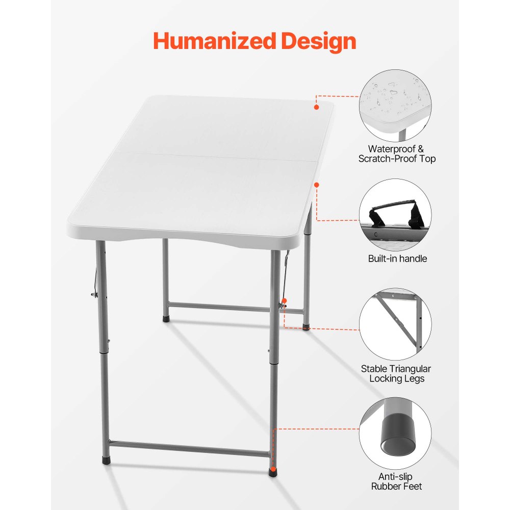 Klappbarer Buffettisch, tragbarer Allzwecktisch, 122 cm, rechteckiger Kunststofftisch mit verstellbarer Höhe und integriertem Griff, Gartentisch, Campingtisch für Partys, Picknick, Camping, weiß Klappbarer Buffettisch, tragbarer Allzwecktisch, 122 cm, rechteckiger Kunststofftisch mit verstellbarer Höhe und integriertem Griff, Gartentisch, Campingtisch für Partys, Picknick, Camping, weiß