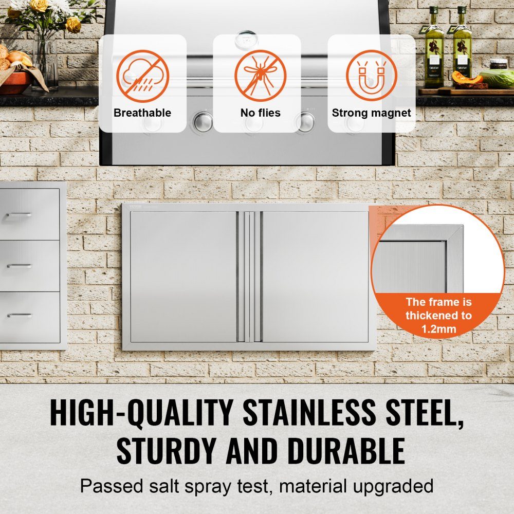 Grilltoegangsdeur 914x534mm Dubbele buitenkeukendeur Inbouw roestvrijstalen deur Verticale muurdeur met intrekbare handgrepen voor grilleiland Grillstation Buitenkast