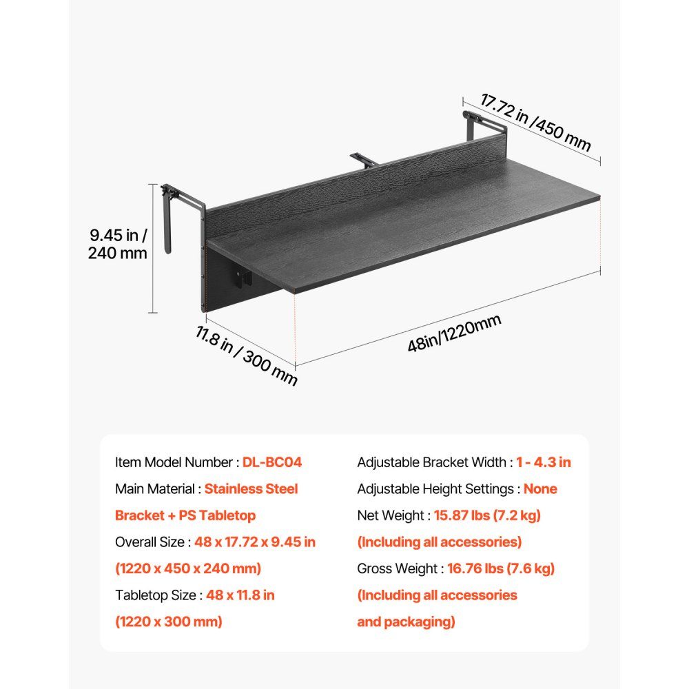 Table de balcon 1220 x 300 mm Table pliante suspendue pour balcon Table pliante d'extérieur Capacité de charge de 22 kg Convient aux balustrades de 1" à 4,35" Table de service pour patio et terrasse