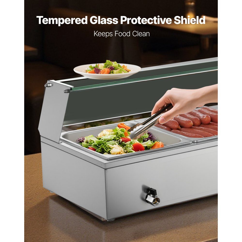 Chauffe-plats professionnel avec couvercle en verre et 5 récipients (taille 1/2) 1,5 kW Réchauffeur de buffet en acier inoxydable, récipient de buffet, bain-marie, station de réchauffement des aliments pour restaurants, fêtes, buffets