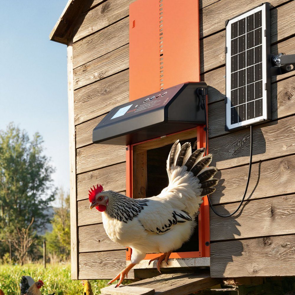 Chicken Flap, Solar and Battery Powered Chicken Door with LCD Display, Remote Control, Light Sensor and Timer, Anti-Pinch, Aluminum Alloy Chicken Coop Door, 350 x 250 x 73mm, Orange