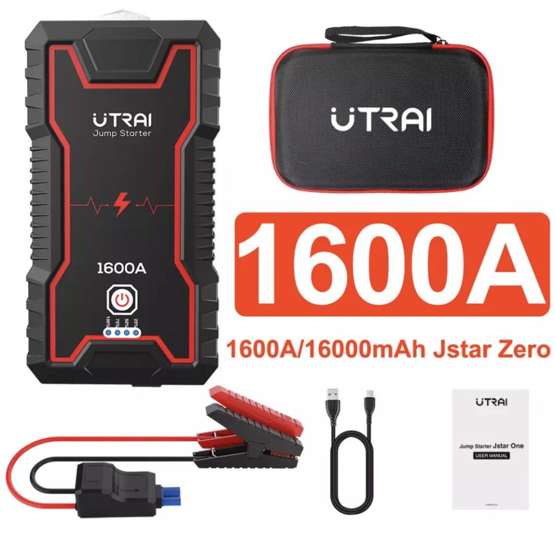 *ANGEBOT* UTRAI Auto-Starthilfe, 12 V, 1600 A, 16000 mAh, Autobatterie-Powerbank, bis zu 7 l Benzin, 6,5 l Diesel-Starter mit QC3.0, Dual-USB, LED-Taschenlampe