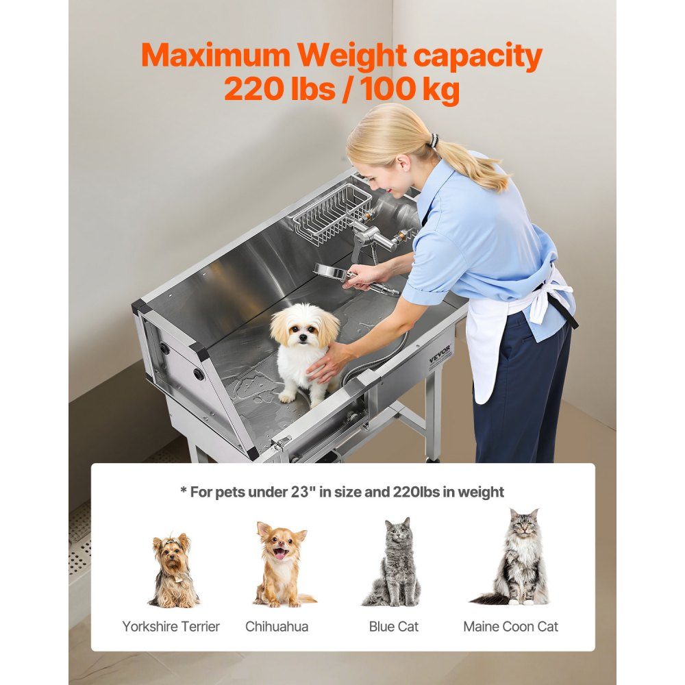 Hundewaschstation aus Edelstahl, 870 x 488 x 1025 mm, Haustierpflegewanne mit Aufbewahrungstreppe, Wasserhahn, Duschkopf und Seifenhalter, Hundebadewanne, für mittlere und kleine Haustiere (linke Tür)