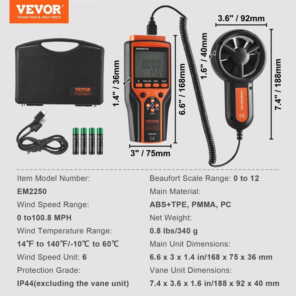 4 in 1 Anemometer 100,8 MPH Luftgeschwindigkeitsmesser 168 x 75 x 36 mm Anemometer IP44 Windmesser Windstärkemesser MAX/MIN/AVG/CU Windgeschwindigkeitsdaten Geschwindigkeitsmesser