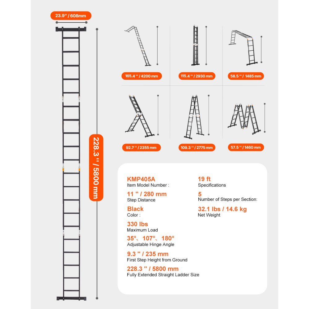 Mehrzweckleiter, 7-in-1-Multifunktionsleiter, A-Rahmen, 5-stufige Teleskopleiter, Leitergestell 5800 mm, verstellbare Hochleistungsleiter, 150 kg Tragfähigkeit für den Heimgebrauch im Freien