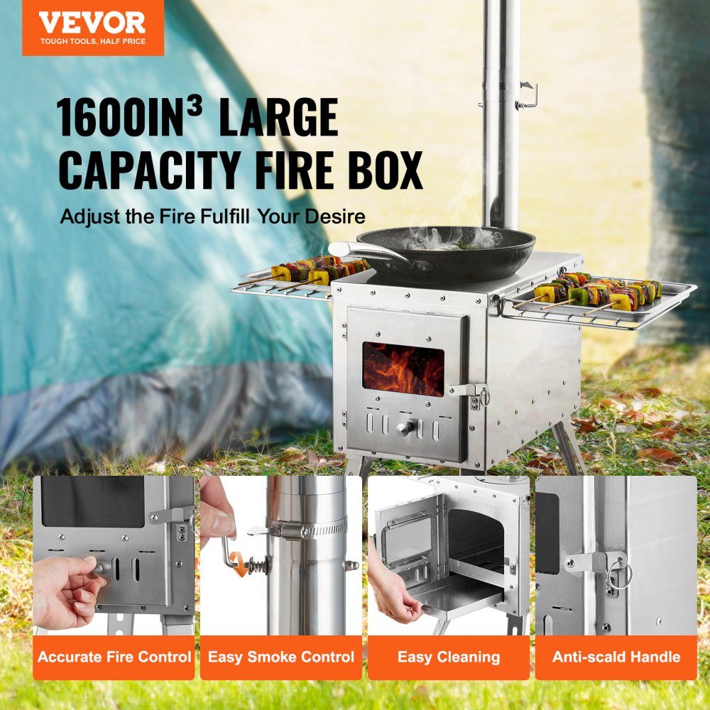 Poêle à bois 590 x 790 x 2620 m Poêle à bois pour tente de camping en acier inoxydable avec tuyaux de cheminée et gants 1646 pouces cubes Poêle de tente pour cuisine et chauffage en plein air avec 8 tuyaux – Réf. HT-24282