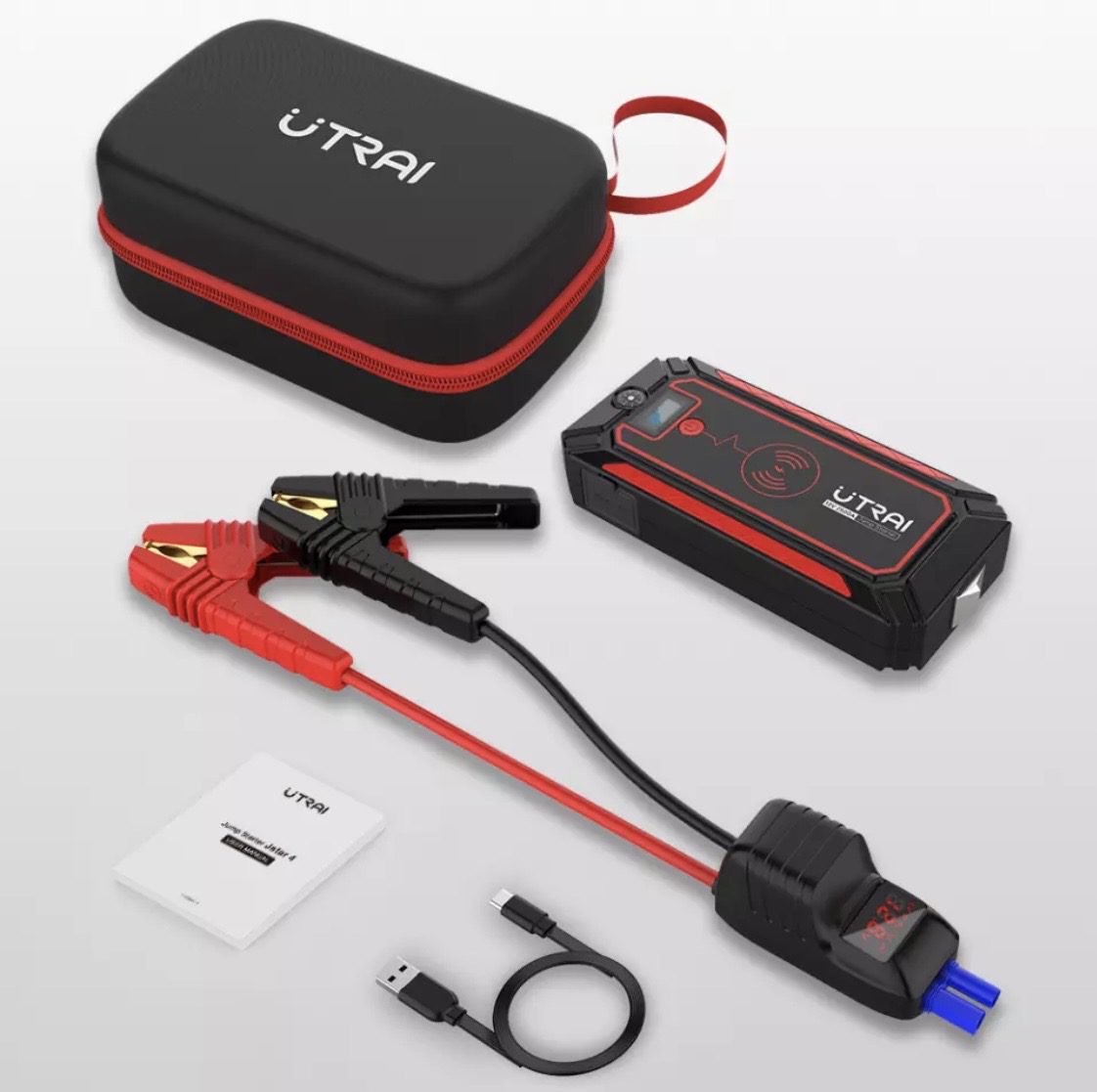 UTRAI Car Jump Starter 12V 2500A 24000mAh Car Battery Power Bank Up to 8L Petrol 7L Diesel Starter with QC3.0 Dual USB LED Flashlight Emergency Hammer