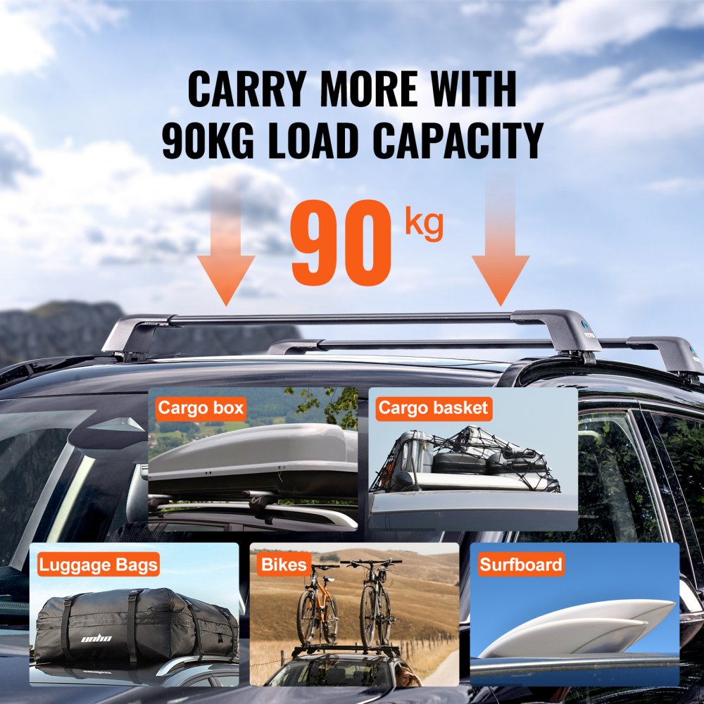 Porte-bagages de toit universel pour voiture, barre transversale en aluminium, capacité de charge de 90 kg, convient pour rail latéral surélevé avec espace, convient pour une distance intérieure de la poutre de toit de 102 à 108 cm. Porte-bagages de toit universel pour voiture, barre transversale en aluminium, capacité de charge de 90 kg, convient pour rail latéral surélevé avec espace, convient pour une distance intérieure de la poutre de toit de 102 à 108 cm.