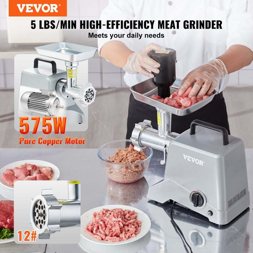 Elektrischer Fleischwolf, 2,27 kg/Min., 575 W (800 W max.), Industrieschneider mit Klinge (4,5 mm) und Mahlplatte, Wurstfüllklinge und 3 Rohren, kommerzieller Fleischschneider aus Aluminium
