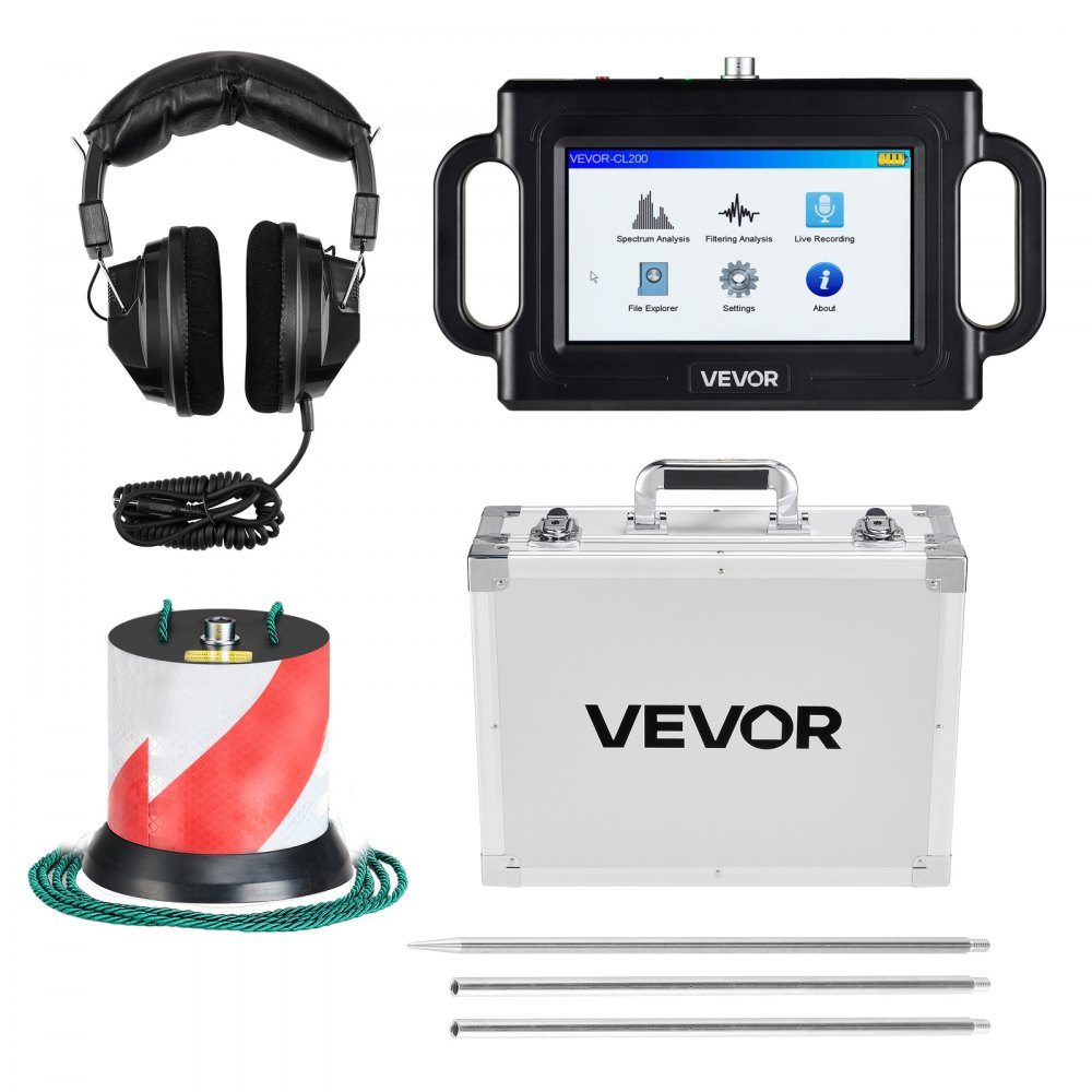 Lekdetector voor pijpwater, 1 Hz-5000 Hz, 7" touchscreen-lekdetector voor pijpen met een diepte van 2 m - met sensor, 3 luisterstaven, hoofdtelefoon, kaart van 8 GB en draagtas